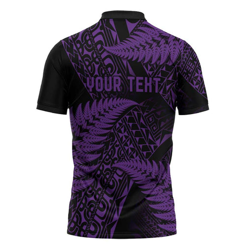 New Zealand Rugby Pacific Personalised Zipper Polo Shirt All Purple Maori Pasifika Fern Pattern - Aussie Hoodie