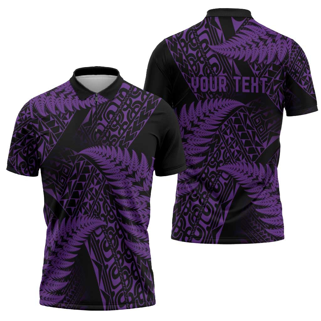 New Zealand Rugby Pacific Personalised Zipper Polo Shirt All Purple Maori Pasifika Fern Pattern - Aussie Hoodie