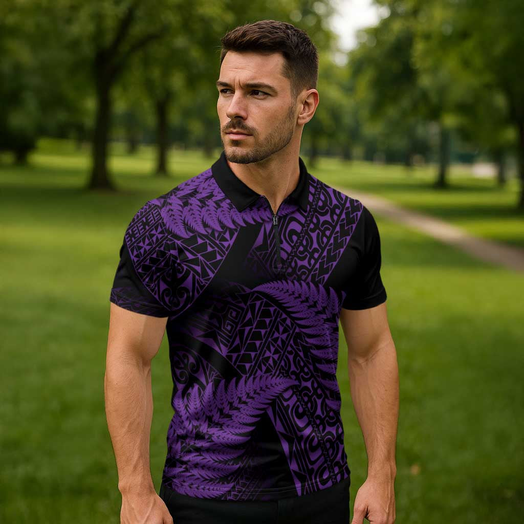 New Zealand Rugby Pacific Personalised Zipper Polo Shirt All Purple Maori Pasifika Fern Pattern - Aussie Hoodie
