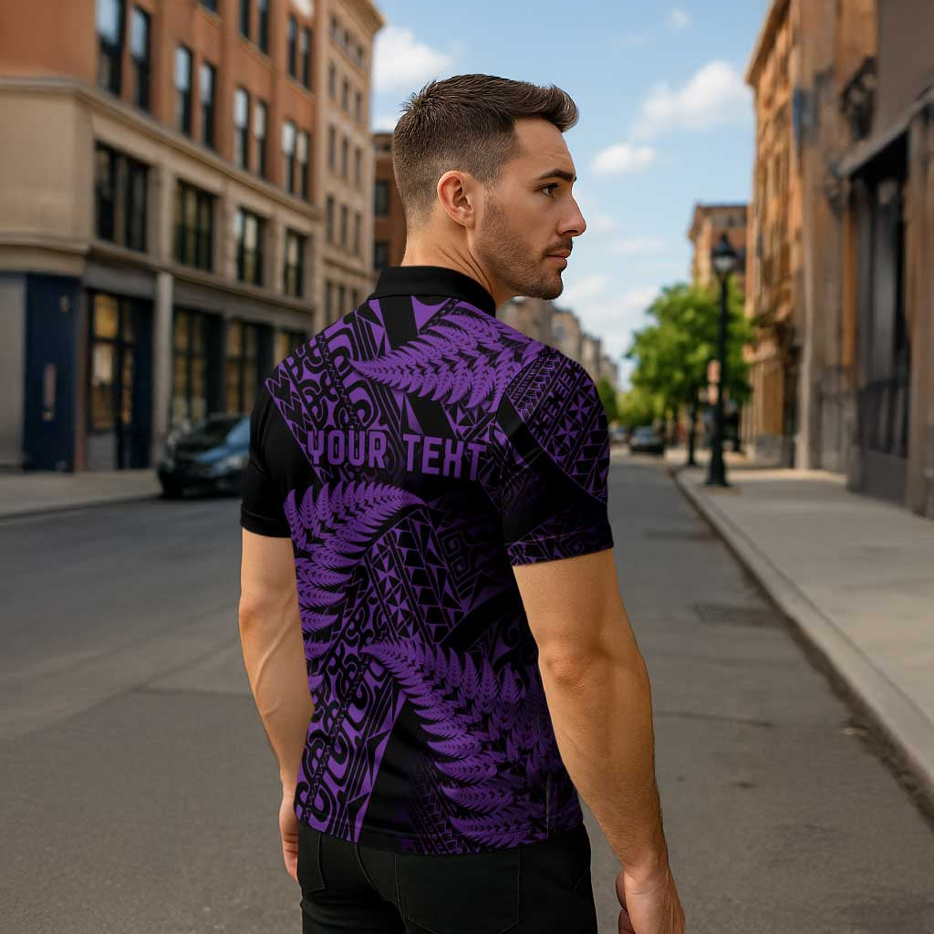 New Zealand Rugby Pacific Personalised Zipper Polo Shirt All Purple Maori Pasifika Fern Pattern - Aussie Hoodie