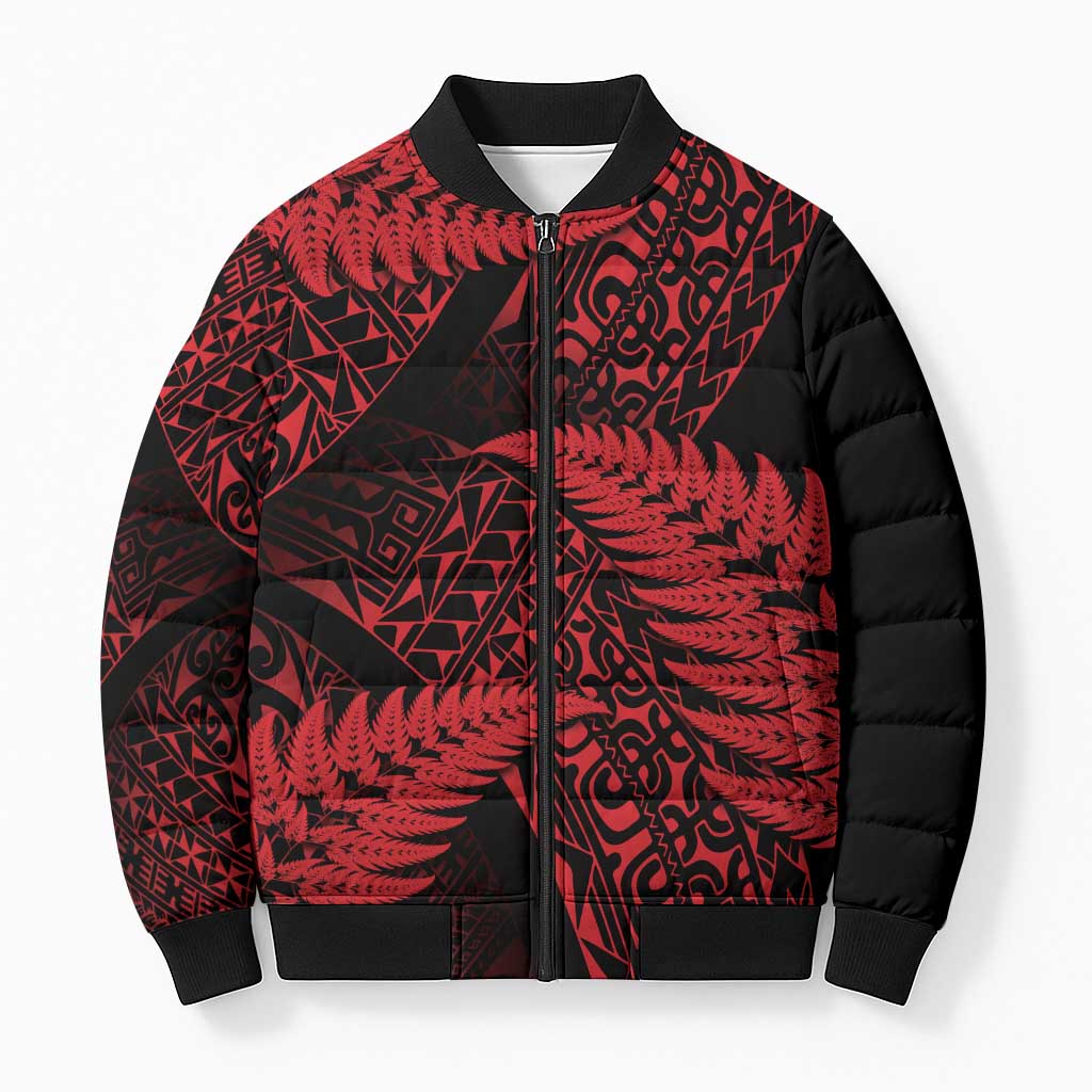 New Zealand Rugby Pacific Personalised Bomber Puffer Jacket All Red Maori Pasifika Fern Pattern - Aussie Hoodie