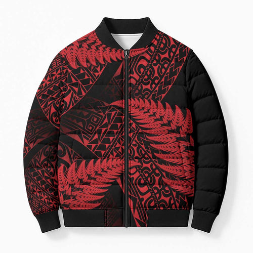 New Zealand Rugby Pacific Personalised Bomber Puffer Jacket All Red Maori Pasifika Fern Pattern - Aussie Hoodie