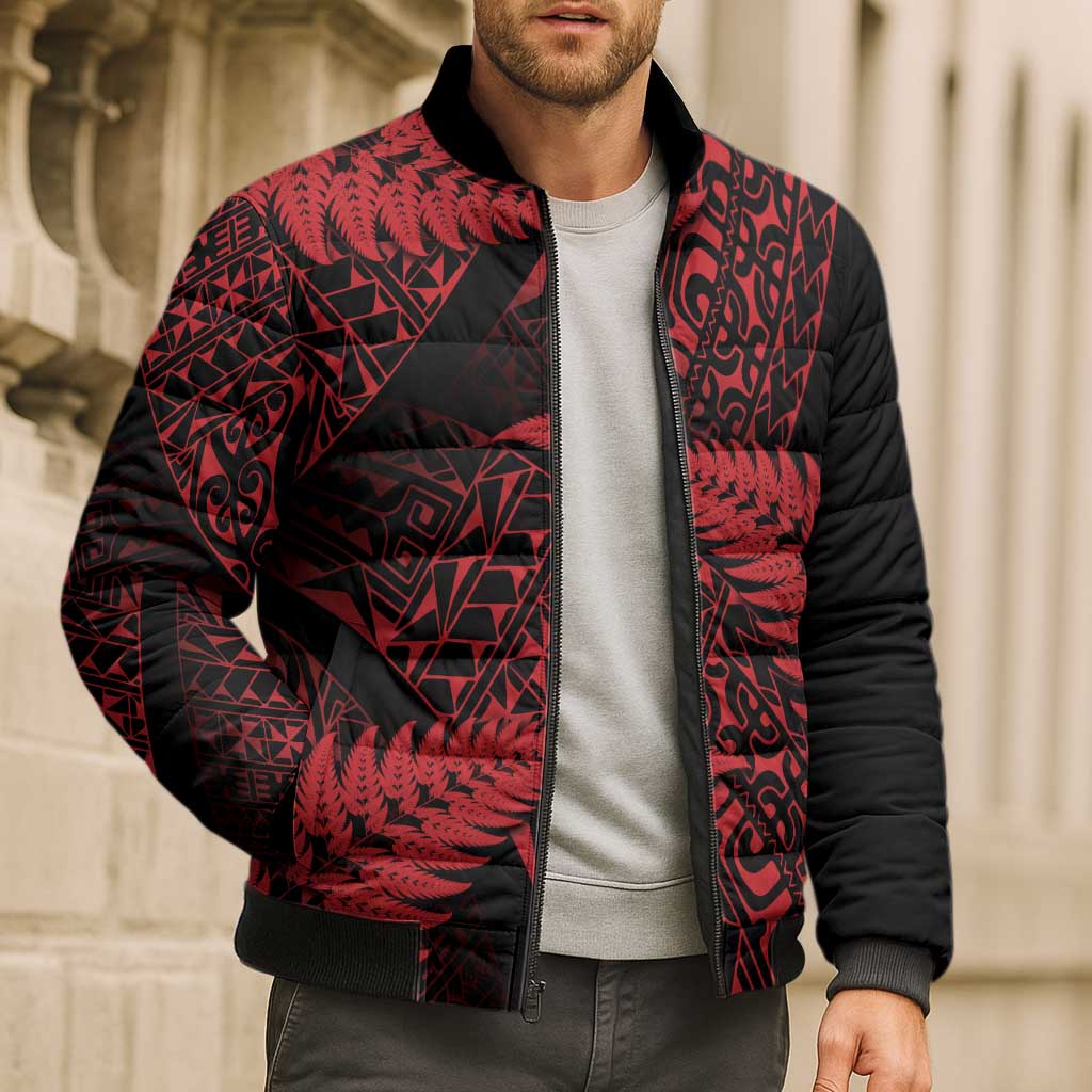 New Zealand Rugby Pacific Personalised Bomber Puffer Jacket All Red Maori Pasifika Fern Pattern - Aussie Hoodie
