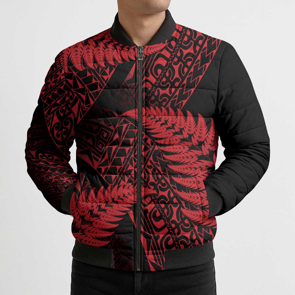 New Zealand Rugby Pacific Personalised Bomber Puffer Jacket All Red Maori Pasifika Fern Pattern - Aussie Hoodie