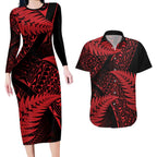 New Zealand Rugby Pacific Personalised Couples Matching Long Sleeve Bodycon Dress and Hawaiian Shirt All Red Maori Pasifika Fern Pattern