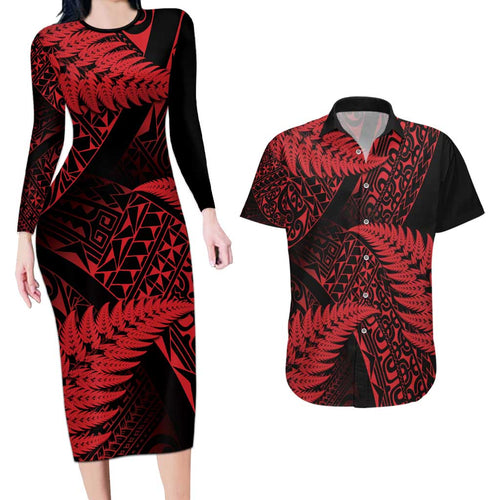 New Zealand Rugby Pacific Personalised Couples Matching Long Sleeve Bodycon Dress and Hawaiian Shirt All Red Maori Pasifika Fern Pattern