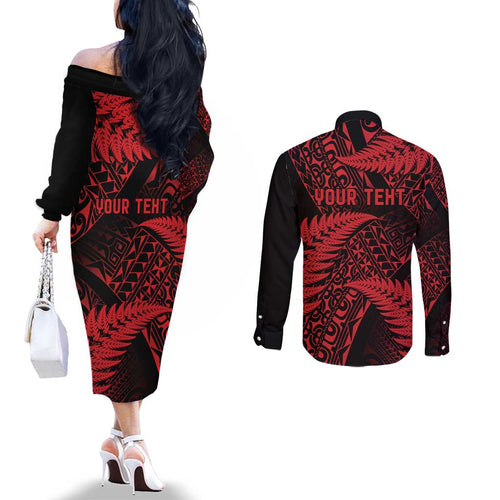 New Zealand Rugby Pacific Personalised Couples Matching Off The Shoulder Long Sleeve Dress and Long Sleeve Button Shirt All Red Maori Pasifika Fern Pattern