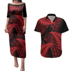 New Zealand Rugby Pacific Personalised Couples Matching Puletasi and Hawaiian Shirt All Red Maori Pasifika Fern Pattern