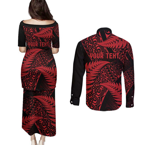 New Zealand Rugby Pacific Personalised Couples Matching Puletasi and Long Sleeve Button Shirt All Red Maori Pasifika Fern Pattern