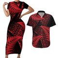 New Zealand Rugby Pacific Personalised Couples Matching Short Sleeve Bodycon Dress and Hawaiian Shirt All Red Maori Pasifika Fern Pattern