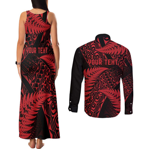 New Zealand Rugby Pacific Personalised Couples Matching Tank Maxi Dress and Long Sleeve Button Shirt All Red Maori Pasifika Fern Pattern