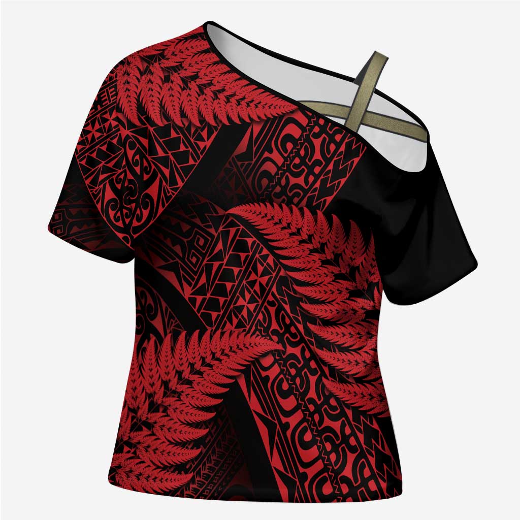 New Zealand Rugby Pacific Personalised Cross Shoulder Shirt All Red Maori Pasifika Fern Pattern - Aussie Hoodie