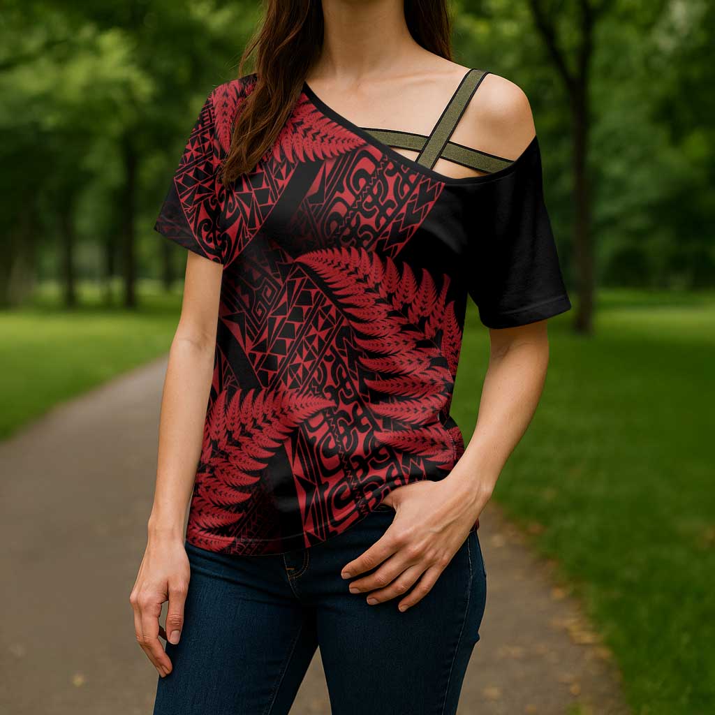 New Zealand Rugby Pacific Personalised Cross Shoulder Shirt All Red Maori Pasifika Fern Pattern - Aussie Hoodie