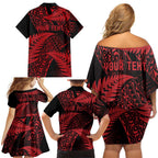 New Zealand Rugby Pacific Personalised Family Matching Off Shoulder Short Dress and Hawaiian Shirt All Red Maori Pasifika Fern Pattern