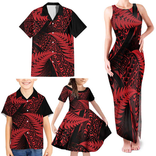 New Zealand Rugby Pacific Personalised Family Matching Tank Maxi Dress and Hawaiian Shirt All Red Maori Pasifika Fern Pattern