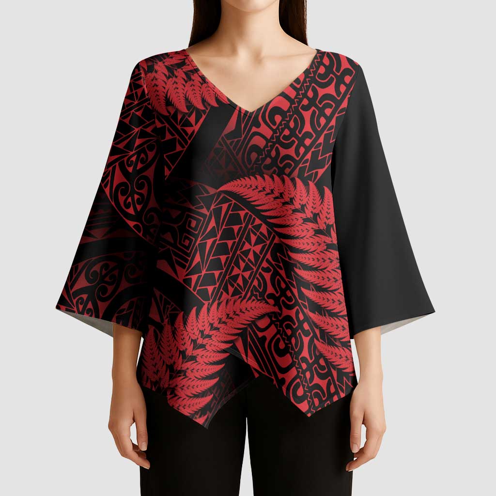 New Zealand Rugby Pacific Personalised Kimono Sleeve Blouse All Red Maori Pasifika Fern Pattern - Aussie Hoodie