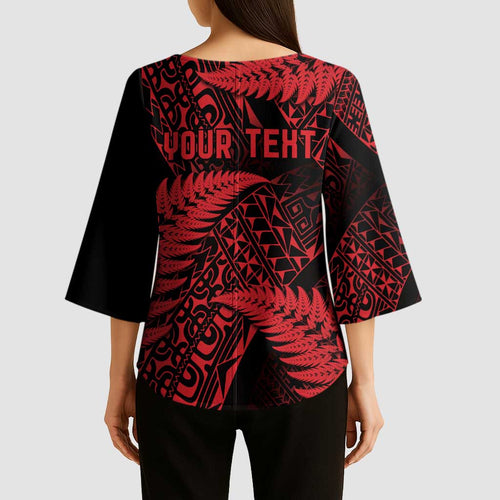New Zealand Rugby Pacific Personalised Kimono Sleeve Blouse All Red Maori Pasifika Fern Pattern - Aussie Hoodie