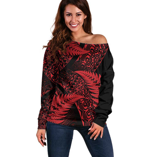 New Zealand Rugby Pacific Personalised Off Shoulder Sweater All Red Maori Pasifika Fern Pattern