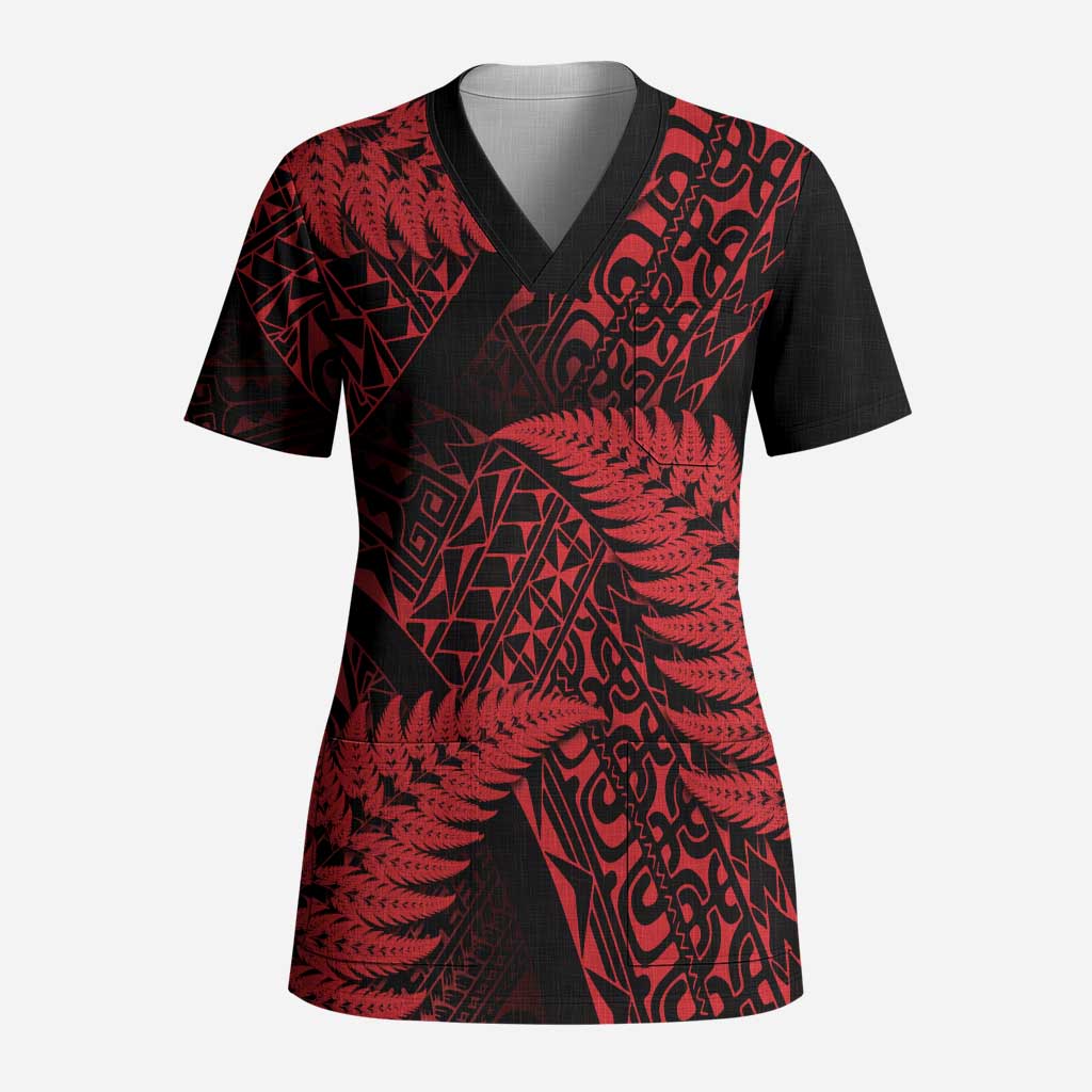 New Zealand Rugby Pacific Personalised Scrub Top All Red Maori Pasifika Fern Pattern - Aussie Hoodie