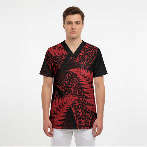 New Zealand Rugby Pacific Personalised Scrub Top All Red Maori Pasifika Fern Pattern - Aussie Hoodie