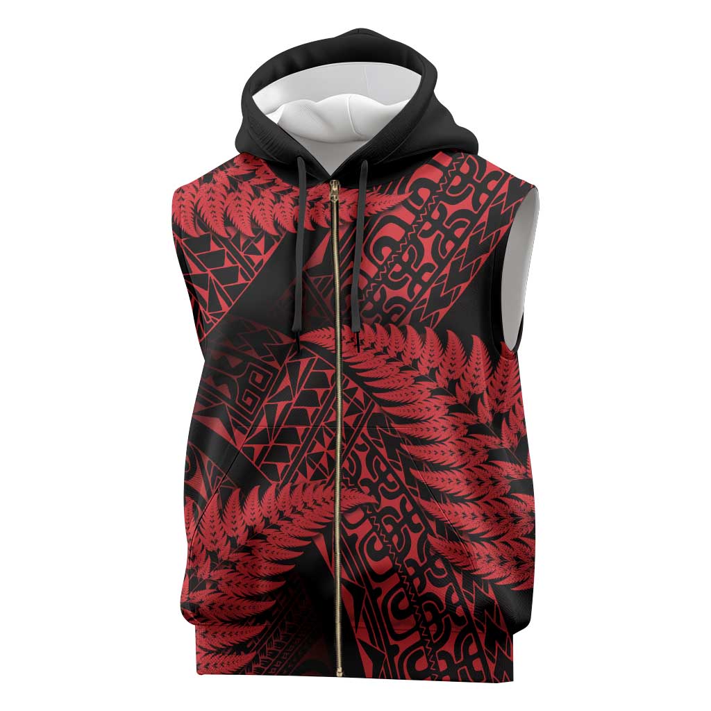 New Zealand Rugby Pacific Personalised Sleeveless Zip Hoodie All Red Maori Pasifika Fern Pattern - Aussie Hoodie