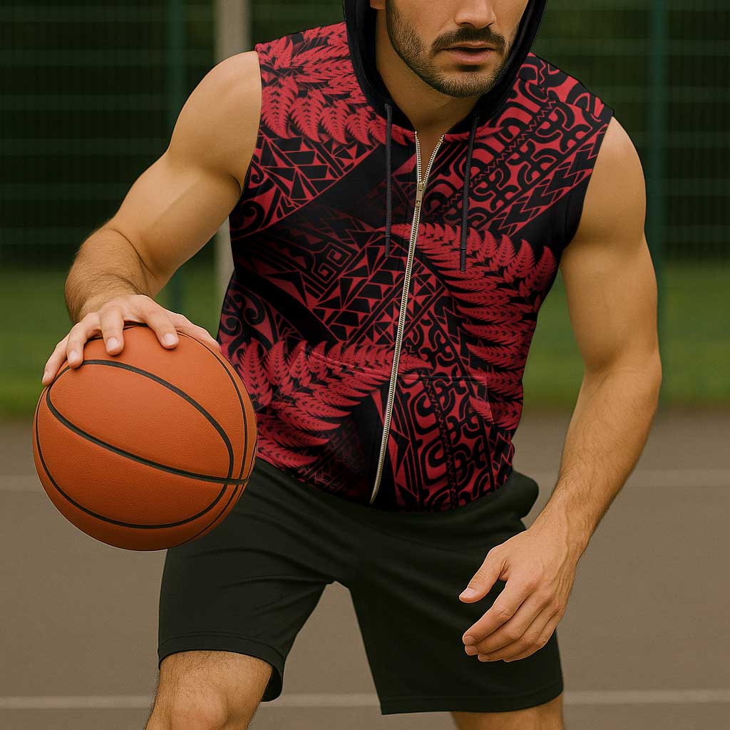 New Zealand Rugby Pacific Personalised Sleeveless Zip Hoodie All Red Maori Pasifika Fern Pattern - Aussie Hoodie