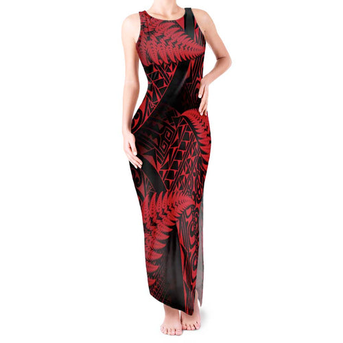 New Zealand Rugby Pacific Personalised Tank Maxi Dress All Red Maori Pasifika Fern Pattern