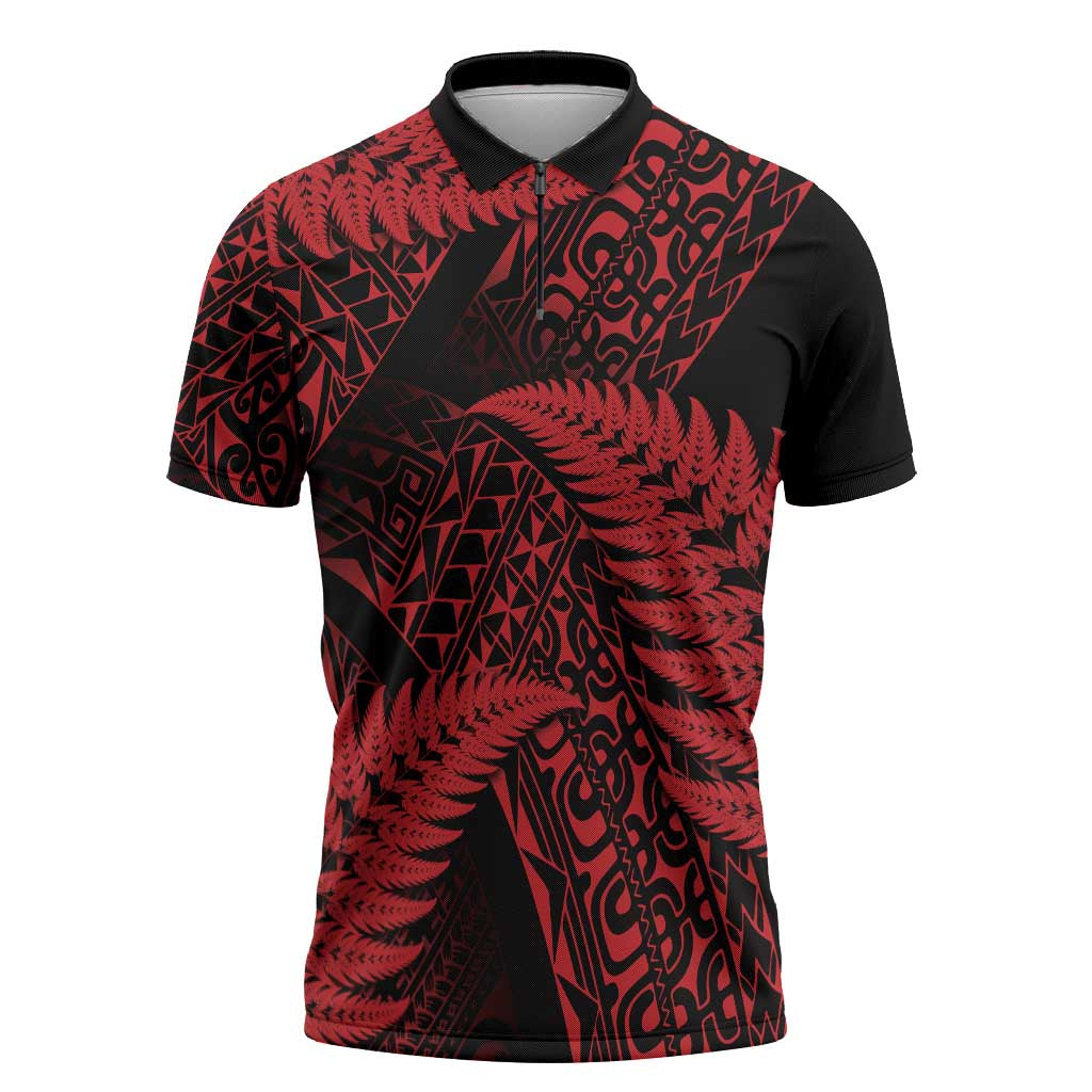 New Zealand Rugby Pacific Personalised Zipper Polo Shirt All Red Maori Pasifika Fern Pattern - Aussie Hoodie
