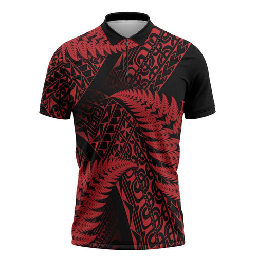 New Zealand Rugby Pacific Personalised Zipper Polo Shirt All Red Maori Pasifika Fern Pattern - Aussie Hoodie