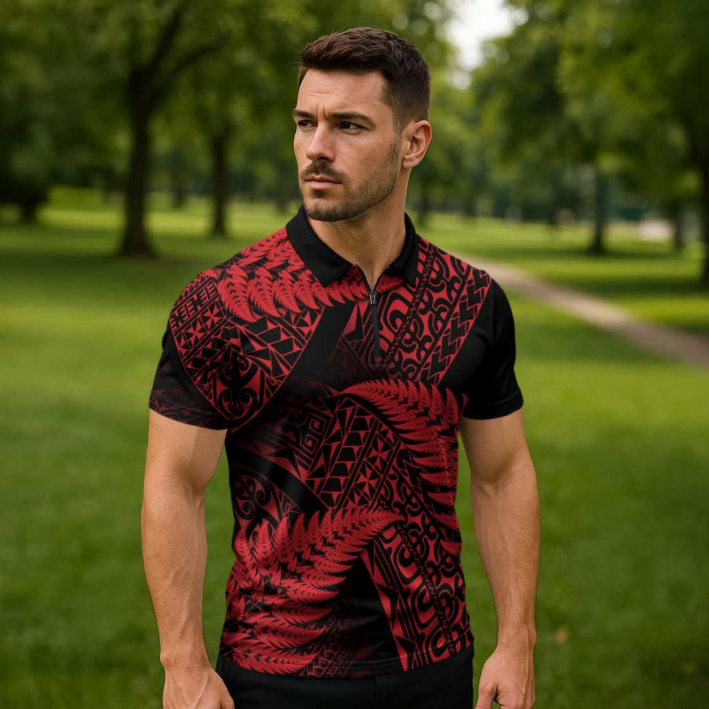 New Zealand Rugby Pacific Personalised Zipper Polo Shirt All Red Maori Pasifika Fern Pattern - Aussie Hoodie