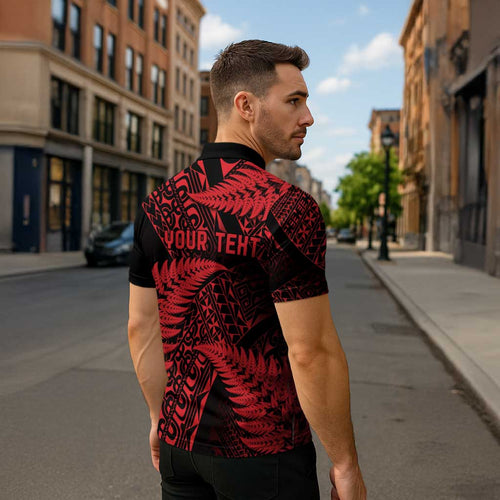 New Zealand Rugby Pacific Personalised Zipper Polo Shirt All Red Maori Pasifika Fern Pattern - Aussie Hoodie