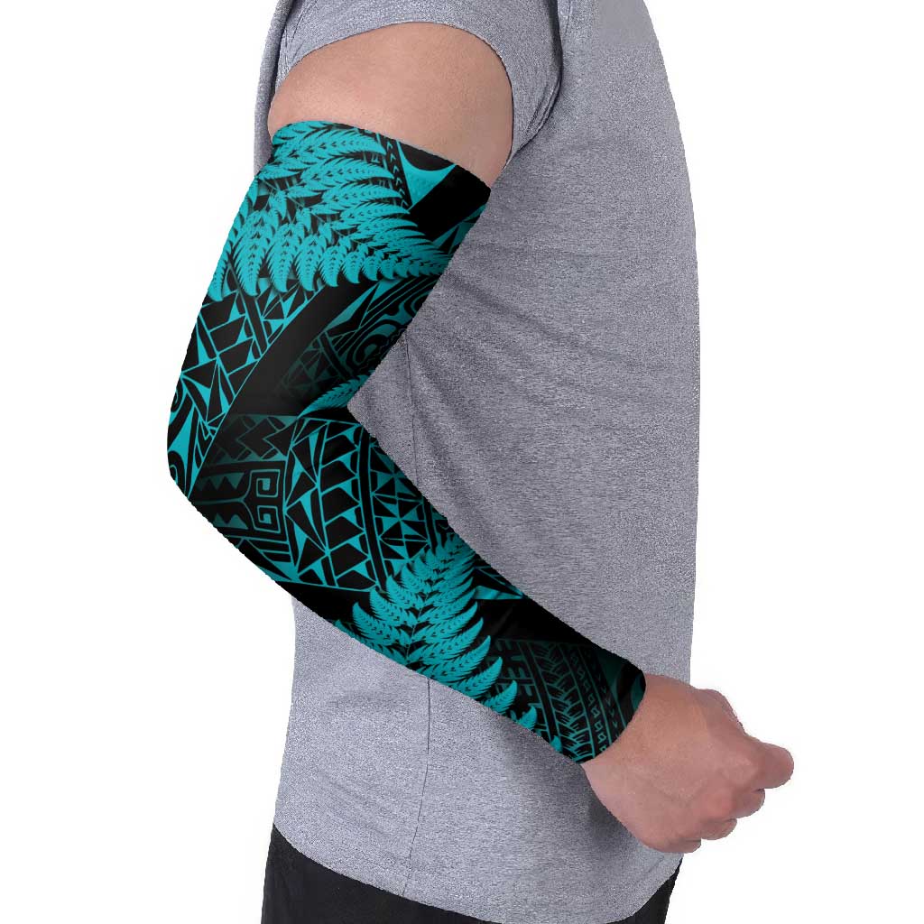 New Zealand Rugby Pacific Personalised Arm Sleeves All Turquoise Maori Pasifika Fern Pattern - Aussie Hoodie