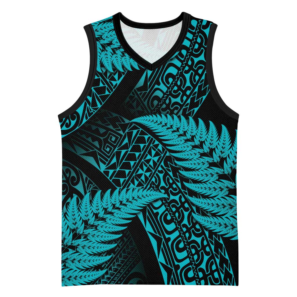 New Zealand Rugby Pacific Personalised Basketball Jersey All Turquoise Maori Pasifika Fern Pattern - Aussie Hoodie