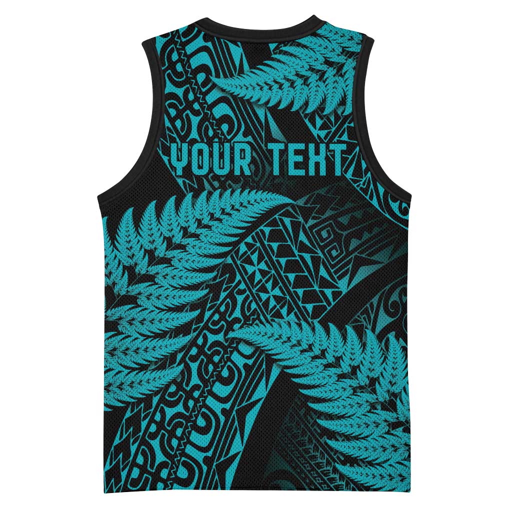 New Zealand Rugby Pacific Personalised Basketball Jersey All Turquoise Maori Pasifika Fern Pattern - Aussie Hoodie