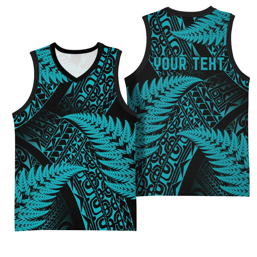 New Zealand Rugby Pacific Personalised Basketball Jersey All Turquoise Maori Pasifika Fern Pattern - Aussie Hoodie