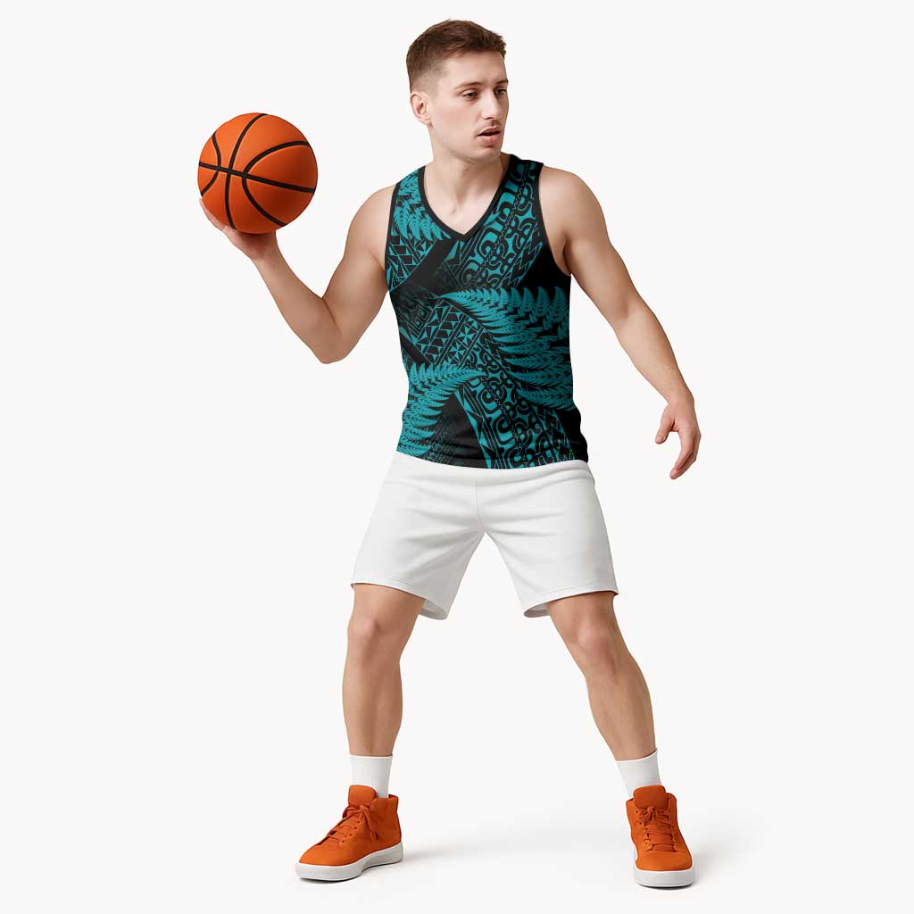New Zealand Rugby Pacific Personalised Basketball Jersey All Turquoise Maori Pasifika Fern Pattern - Aussie Hoodie