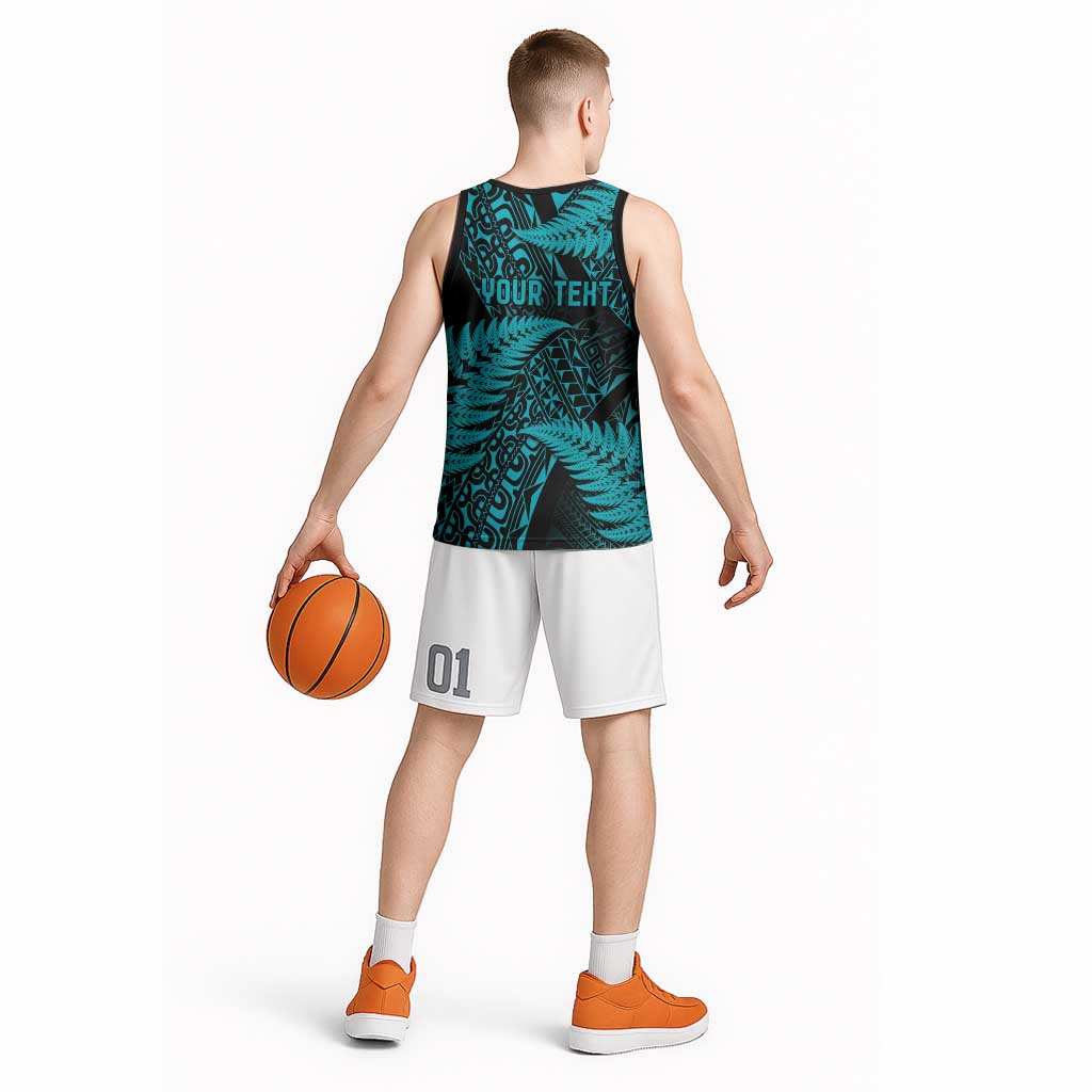 New Zealand Rugby Pacific Personalised Basketball Jersey All Turquoise Maori Pasifika Fern Pattern - Aussie Hoodie