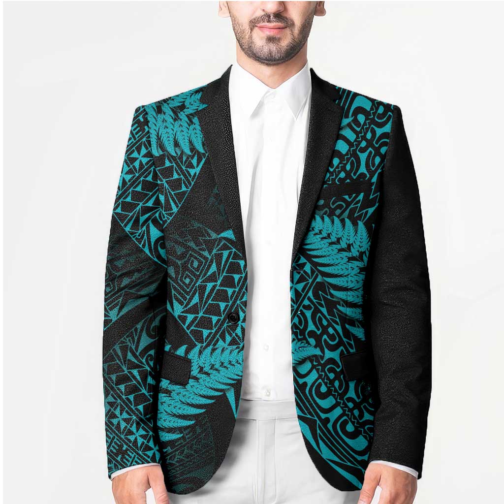New Zealand Rugby Pacific Personalised Blazer All Turquoise Maori Pasifika Fern Pattern - Aussie Hoodie