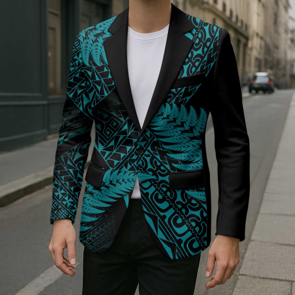 New Zealand Rugby Pacific Personalised Blazer All Turquoise Maori Pasifika Fern Pattern - Aussie Hoodie
