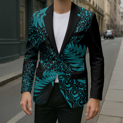 New Zealand Rugby Pacific Personalised Blazer All Turquoise Maori Pasifika Fern Pattern - Aussie Hoodie