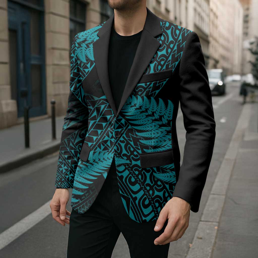 New Zealand Rugby Pacific Personalised Blazer All Turquoise Maori Pasifika Fern Pattern - Aussie Hoodie