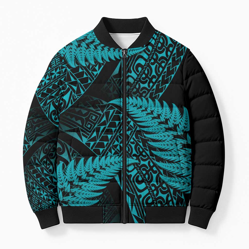 New Zealand Rugby Pacific Personalised Bomber Puffer Jacket All Turquoise Maori Pasifika Fern Pattern - Aussie Hoodie