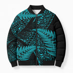 New Zealand Rugby Pacific Personalised Bomber Puffer Jacket All Turquoise Maori Pasifika Fern Pattern - Aussie Hoodie