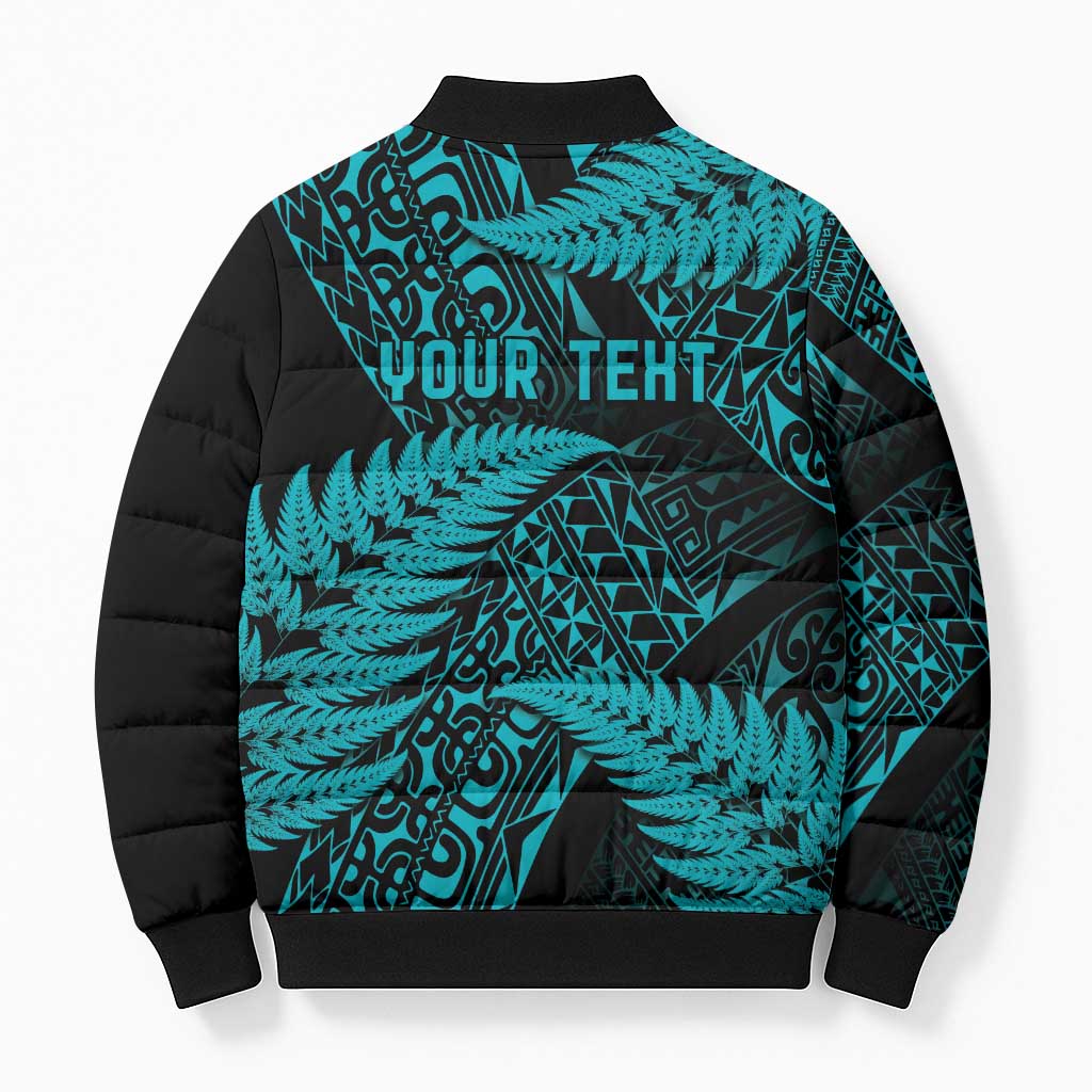 New Zealand Rugby Pacific Personalised Bomber Puffer Jacket All Turquoise Maori Pasifika Fern Pattern - Aussie Hoodie
