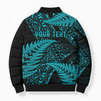 New Zealand Rugby Pacific Personalised Bomber Puffer Jacket All Turquoise Maori Pasifika Fern Pattern - Aussie Hoodie