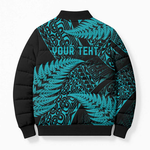 New Zealand Rugby Pacific Personalised Bomber Puffer Jacket All Turquoise Maori Pasifika Fern Pattern - Aussie Hoodie