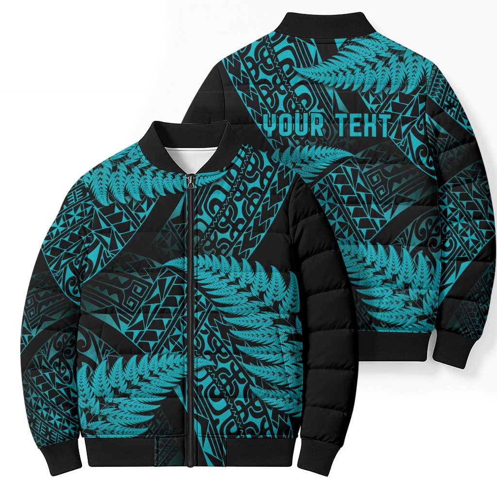 New Zealand Rugby Pacific Personalised Bomber Puffer Jacket All Turquoise Maori Pasifika Fern Pattern - Aussie Hoodie