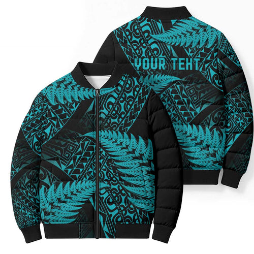 New Zealand Rugby Pacific Personalised Bomber Puffer Jacket All Turquoise Maori Pasifika Fern Pattern - Aussie Hoodie