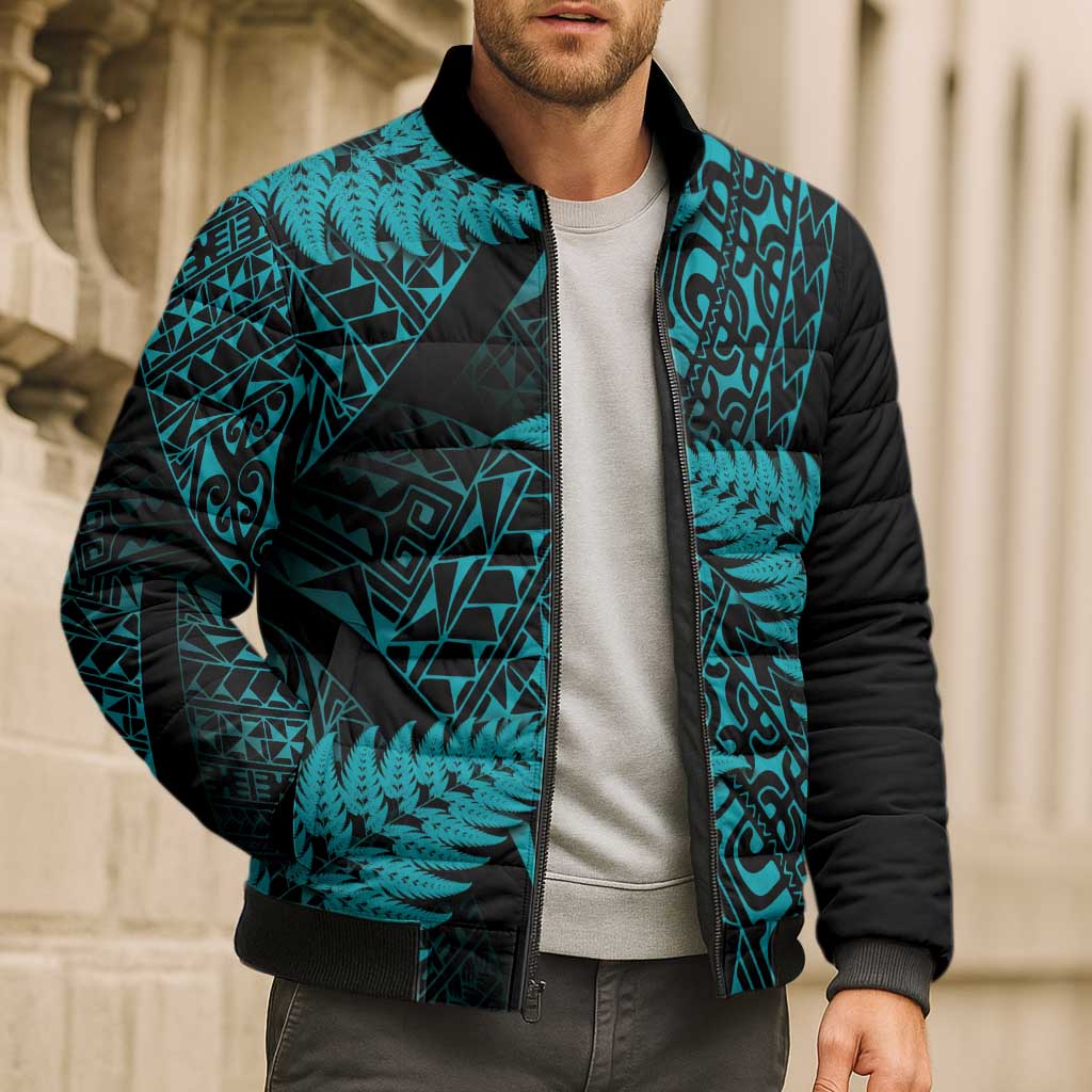 New Zealand Rugby Pacific Personalised Bomber Puffer Jacket All Turquoise Maori Pasifika Fern Pattern - Aussie Hoodie