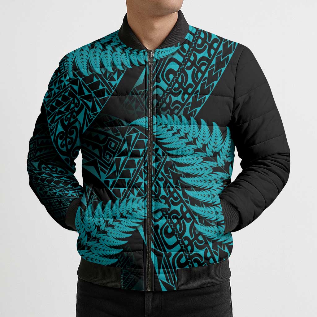 New Zealand Rugby Pacific Personalised Bomber Puffer Jacket All Turquoise Maori Pasifika Fern Pattern - Aussie Hoodie